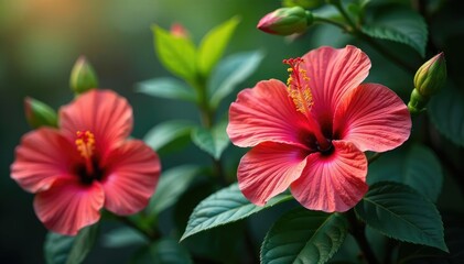 Intricate hibiscus blossoms, vibrant hues, lush leaves , blossom, vibrant, Hibiscus