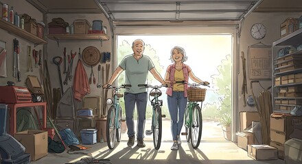 Couple Walking Bicycles Out of Garage on Sunny Day