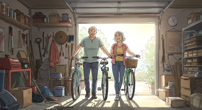 Couple Walking Bicycles Out of Garage on Sunny Day