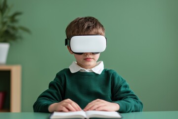 Elementary school student using vr headset explores digital textbook in futuristic classroom implementing augmented reality learning