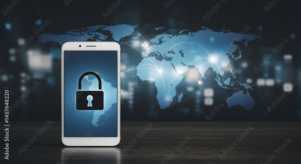 Poster pixelated padlock on smartphone with blurred world map background for digital security