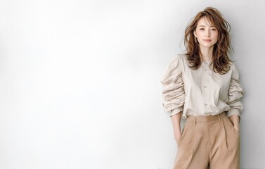 シンプルで上品なファッションスタイルのおしゃれな若い女性モデル