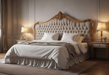 Luxurious bedding, ornate headboard, soft lighting,  bedding,  elegant bedroom