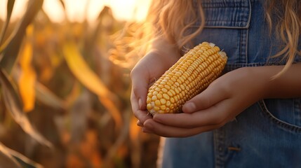 Girl holding corn cob in cornfield