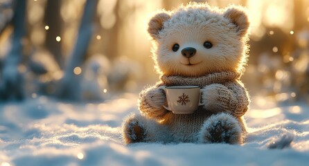 Teddy bear enjoying hot drink in snowy winter forest
