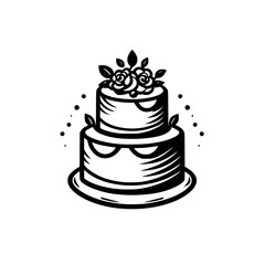 Elegant Two-Tier Cake Illustration, Black and White, Floral Design