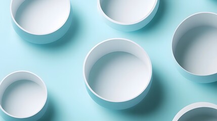 Light blue background with a pattern of empty white bowls.