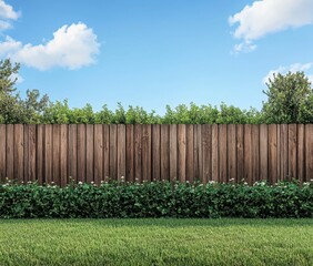 Wooden fence, lush greenery, and a vibrant landscape.  A tranquil backyard scene.  Lawn, flowers, trees, fence, clear sky