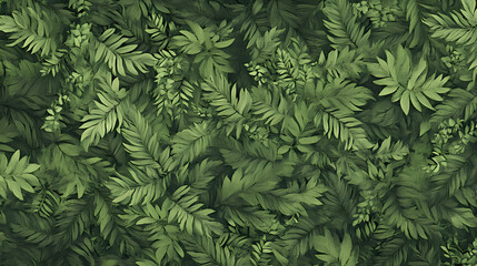 Lush fern leaf texture with soft green fronds layered intricately, creating a dense and vibrant pattern. [Temporal Gardens] | Timefern Groves | layered green. Illustration