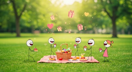 Stick Figures Enjoying Picnic in Park with Gifts and Hearts
