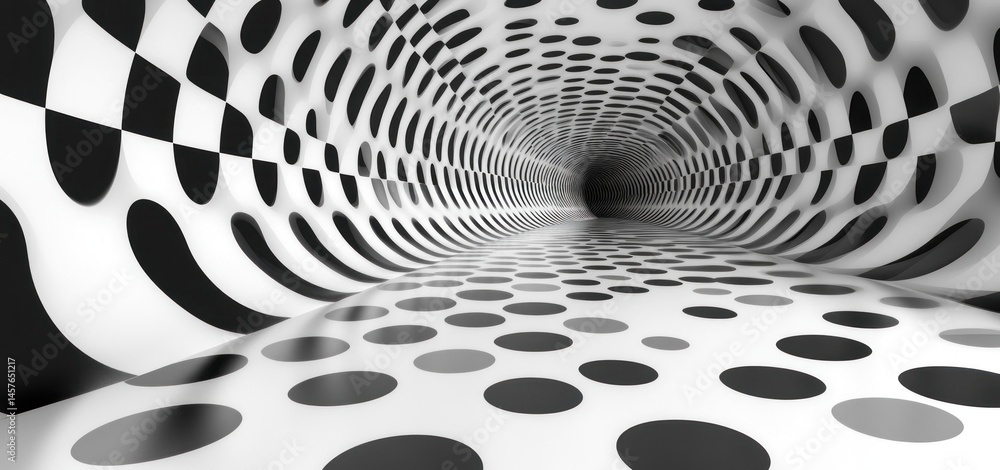 Poster abstract black and white tunnel: a psychedelic 3d illusion of dots and checkered patterns