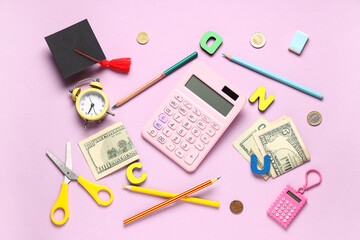 Graduation hat, stationery and money on pink background. Tuition fees concept