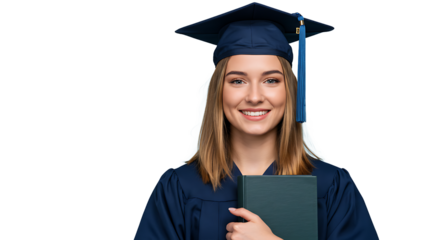 Smiling Young Woman Graduate in Cap and Gown Holding Book Isolated on transparent