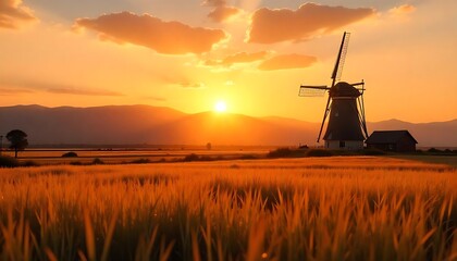 Windmill in a Golden Field at Sunset with Mountain Range Background, created with generative ai