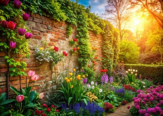 Obraz premium Charming Spring Garden Panoramic: Brick Wall, Blooming Flowers, Lush Greenery