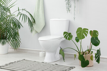 Interior of stylish restroom with ceramic toilet bowl, brush and houseplant