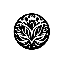 Floral Emblem: Circular Black & White Botanical Design