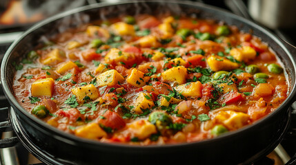 A steaming pot of hearty vegetable soup simmers on a rustic stove, symbolizing warmth, nourishment, and comfort, with soft lighting and blank caption space on the side for text placement.


