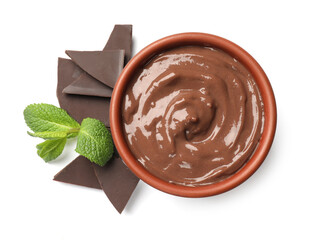 Tasty pudding with mint and pieces of chocolate isolated on white, top view