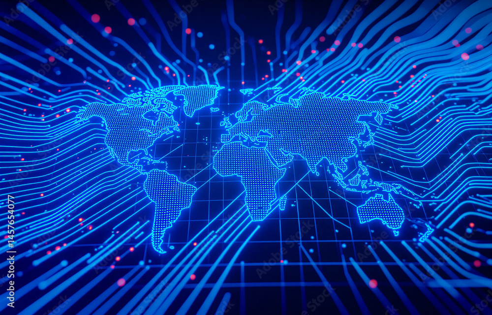 Poster abstract digital rendering of a glowing world map overlaid on a circuit board, suggesting global con