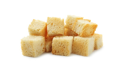 Pile of tasty crispy croutons isolated on white