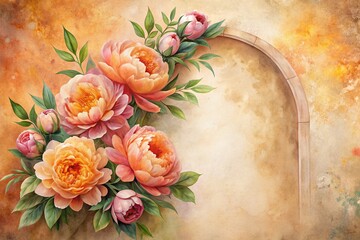 Charming Watercolor Peonies: Tangerine & Sand Hues Floral Arch Landscape