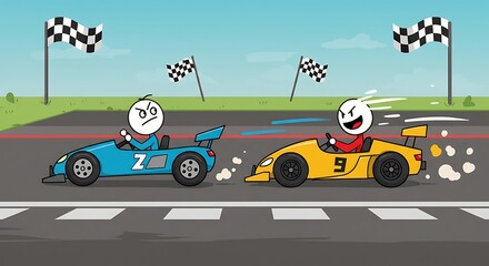 Racing Stick Figures Cartoon in Go-karts on Track
