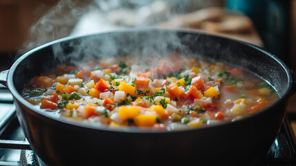 A steaming pot of hearty vegetable soup simmers on a rustic stove, symbolizing warmth, nourishment, and comfort, with soft lighting and blank caption space on the side for text placement.

