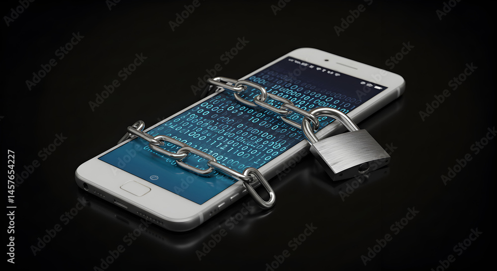 Poster secure smartphone displayed with metal chain and lock on dark reflective background for digital prot