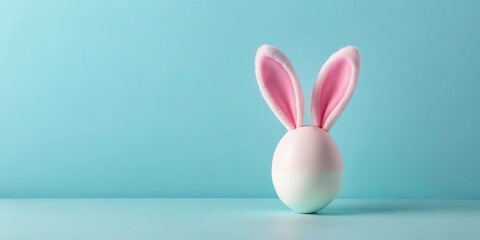 Obraz premium Minimalist Easter scene with soft pink bunny ears popping out of a single egg on a pale blue background, pastel colors, simple easter decor