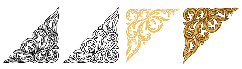 Set of decorative corner ornaments baroque in gold and black, isolated vector illustration