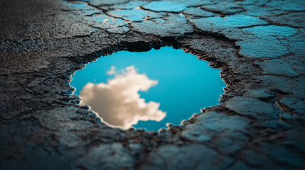 A small puddle on the ground reflects a vivid blue sky above, symbolizing optimism, clarity, and the promise of a brighter future despite humble or overlooked beginnings.

