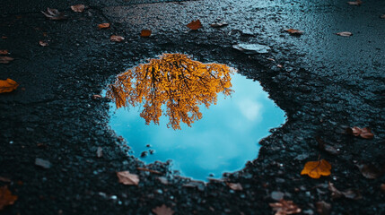 A small puddle on the ground reflects a vivid blue sky above, symbolizing optimism, clarity, and the promise of a brighter future despite humble or overlooked beginnings.

