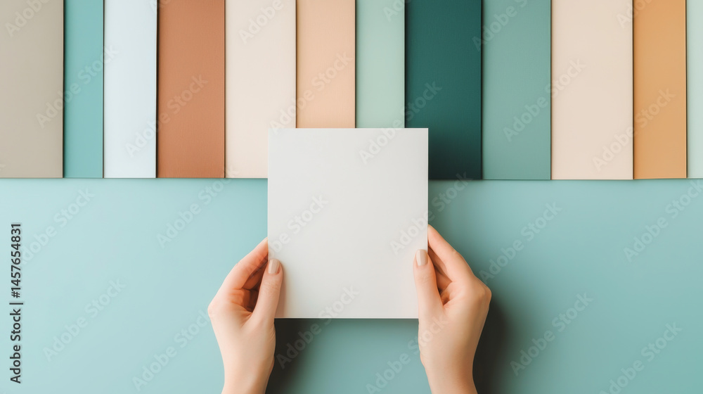 Poster hands holding a blank card above a colorful palette of textured paper samples.