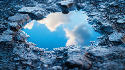 A small puddle on the ground reflects a vivid blue sky above, symbolizing optimism, clarity, and the promise of a brighter future despite humble or overlooked beginnings.

