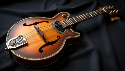 Fototapeta premium Ornate Vintage Mandolin on Dark Fabric, created with generative ai