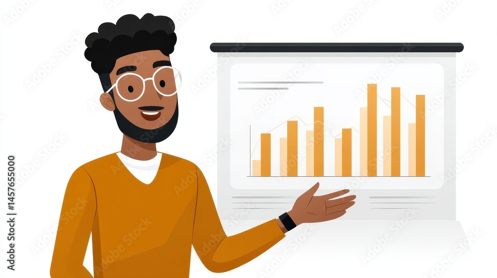Poster businessman explaining graphs and data analysis on whiteboard during a presentation