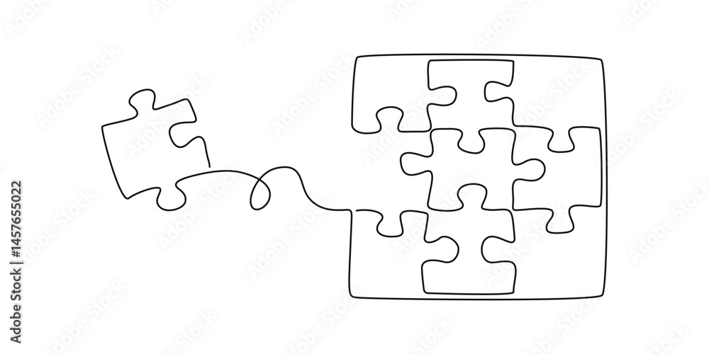 Poster Puzzle in one continuous line drawing. Jigsaw with many pieces is teamwork concept in simple linear style. Business and team symbol in in Editable stroke. Doodle vector illustration