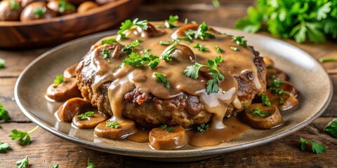 A savory Salisbury steak with a rich and creamy mushroom gravy, served hot and garnished with fresh parsley, dinner