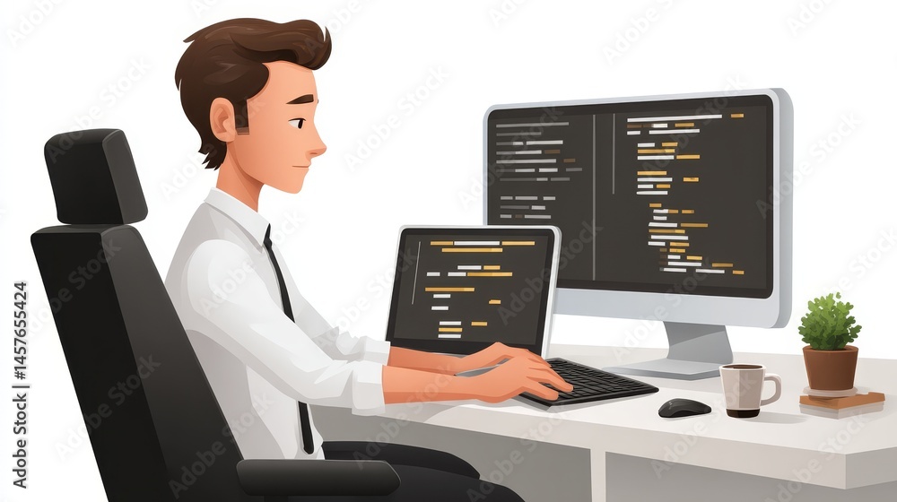 Poster productive home office workspace, man working at desk with computer setup