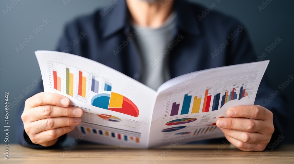 Poster person reading with graph bar, data analysis, learning and knowledge exploration