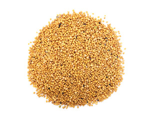 Pile of aromatic mustard seeds isolated on white, top view