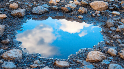 A small puddle on the ground reflects a vivid blue sky above, symbolizing optimism, clarity, and the promise of a brighter future despite humble or overlooked beginnings.

