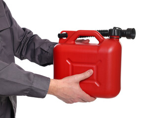 Man holding plastic canister on white background, closeup