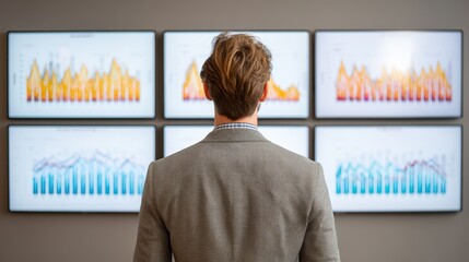 Man analyzing wall of graphs, data insights, market trends and strategic business decisions