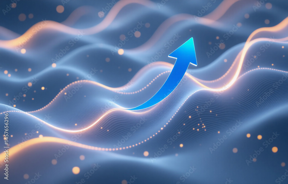 Poster abstract image depicting upward trend. glowing blue arrow ascends over luminous waves, suggesting gr