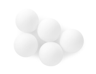 Many ping pong balls isolated on white, top view