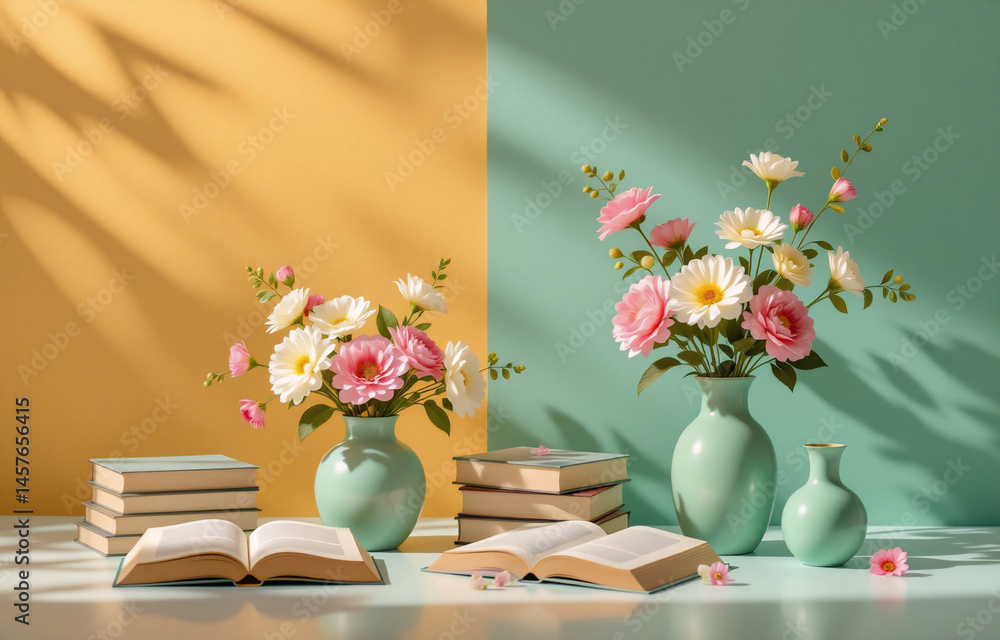 Poster sunlit scene of two pastel-colored vases filled with delicate flowers, resting on a surface with sta