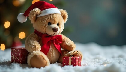 christmas teddy bear with gifts, Holiday teddy bear and christmas gift and fireplace on background, Cozy holiday scene with teddy bear surrounded by gifts, created with generative ai
