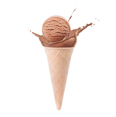 Chocolate ice cream in waffle cone and splash of milk on white background